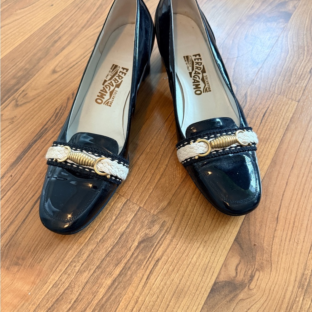 Salvatore Ferragamo Black and Cream Loafers with Gold Accent